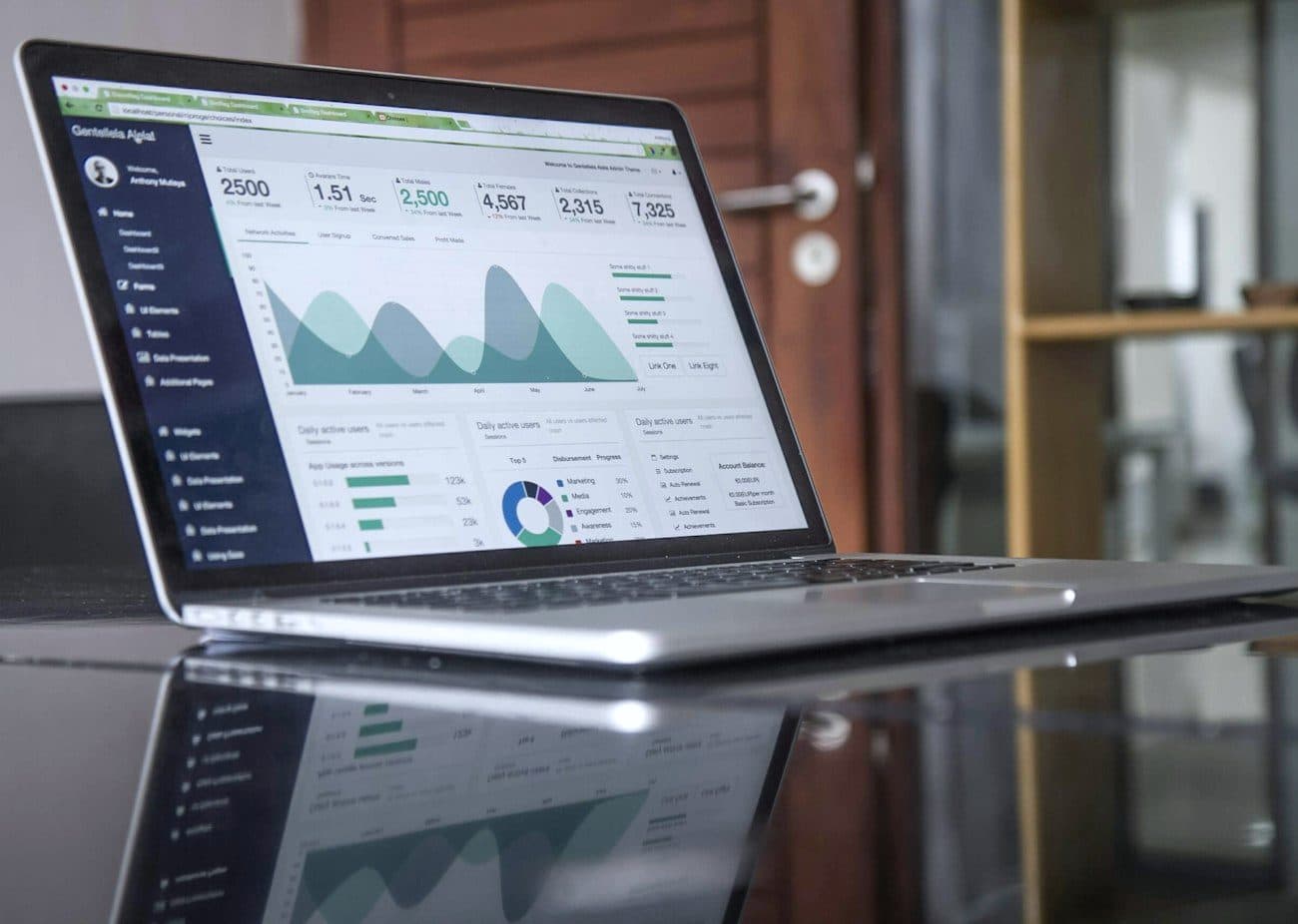A laptop showing a data dashboard on a desk.